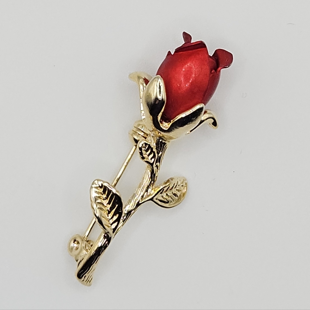 Vintage Rose Gold Tone And Metallic Red Brooch Pin